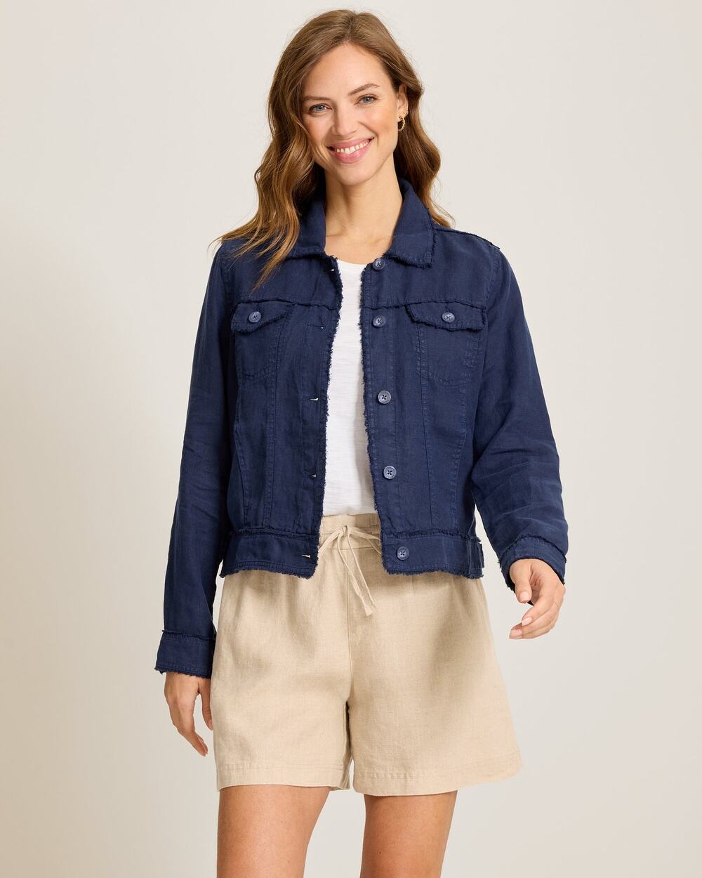 TOMMY BAHAMA Women's Two Palms Linen Raw-Edge Jacket Navy Blue Coastline